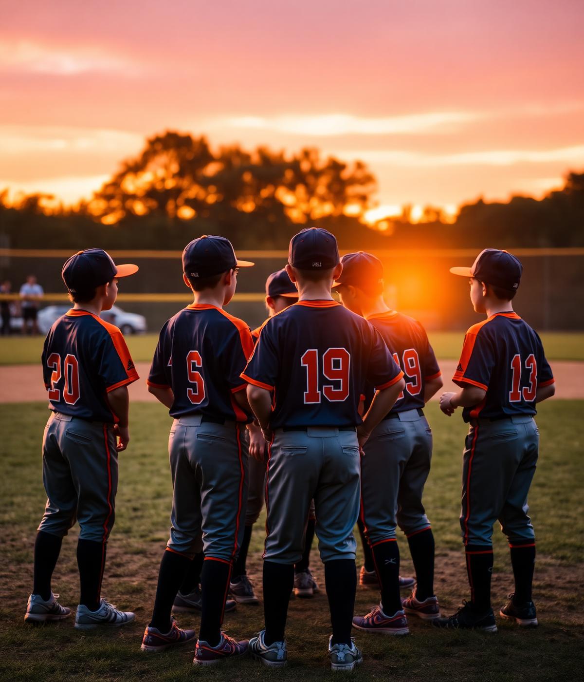 Youth team huddled at sunset